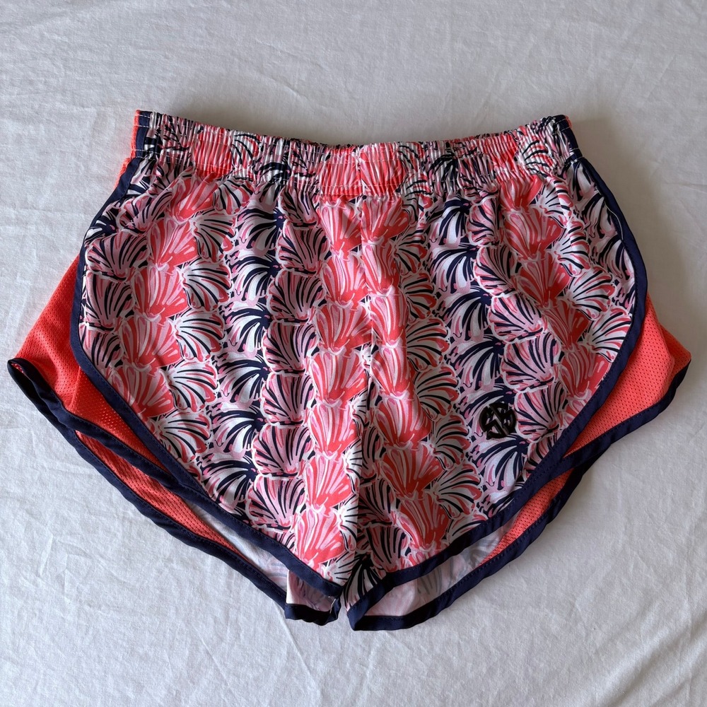 Simply Southern Pink Navy Seashell Print Running Shorts Small Mesh Dolphin Hem